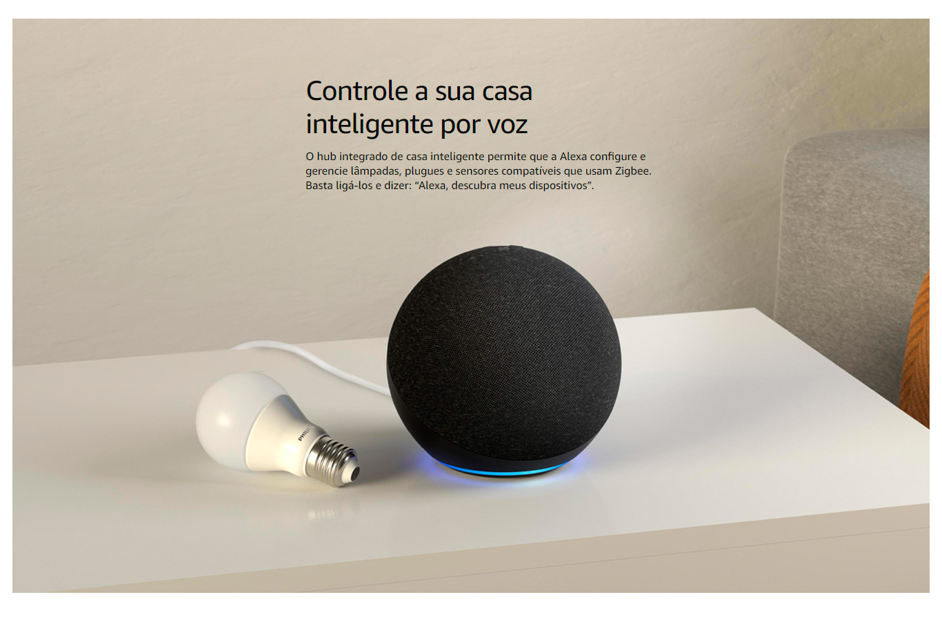  Kit com Amazon Echo 4ª Geração Com Som Premium, Hub de Casa Inteligente e Alexa+Lâmpada LED Inteligente Wi-Fi Goldentec
